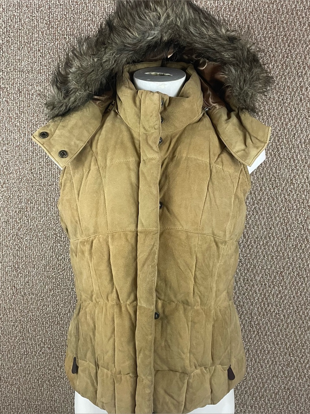Eddie Bauer Down Leather Puffer Vest Womens Medium Suede Faux Fur Hood R2